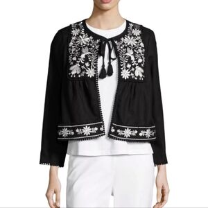 Kate Spade Linen Blend Crop Jacket Womens XXS Black Floral Embroidery